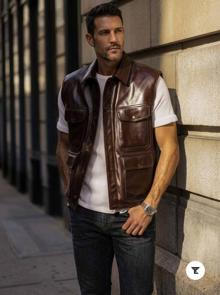 Taj Heritage Ranger Brown Leather Utility Gilet Vest