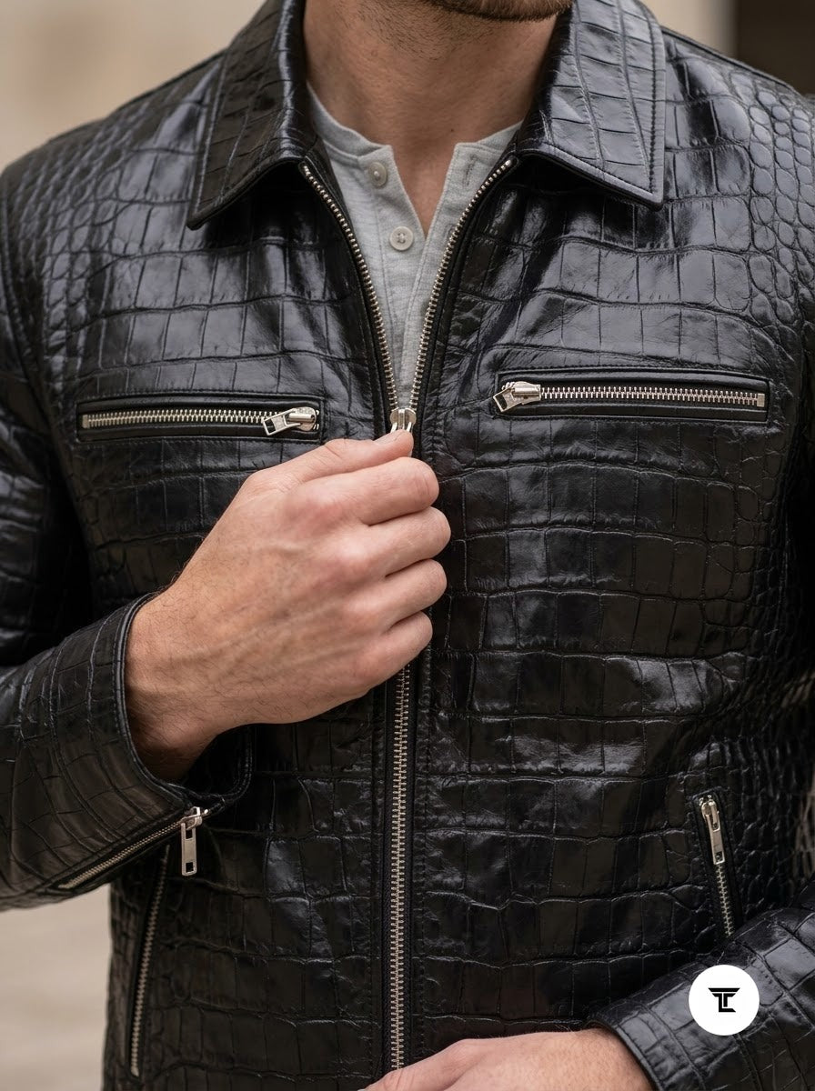 Taj Artisan Milan Black Crocodile Pattern Leather Overshirt - View 1000166376