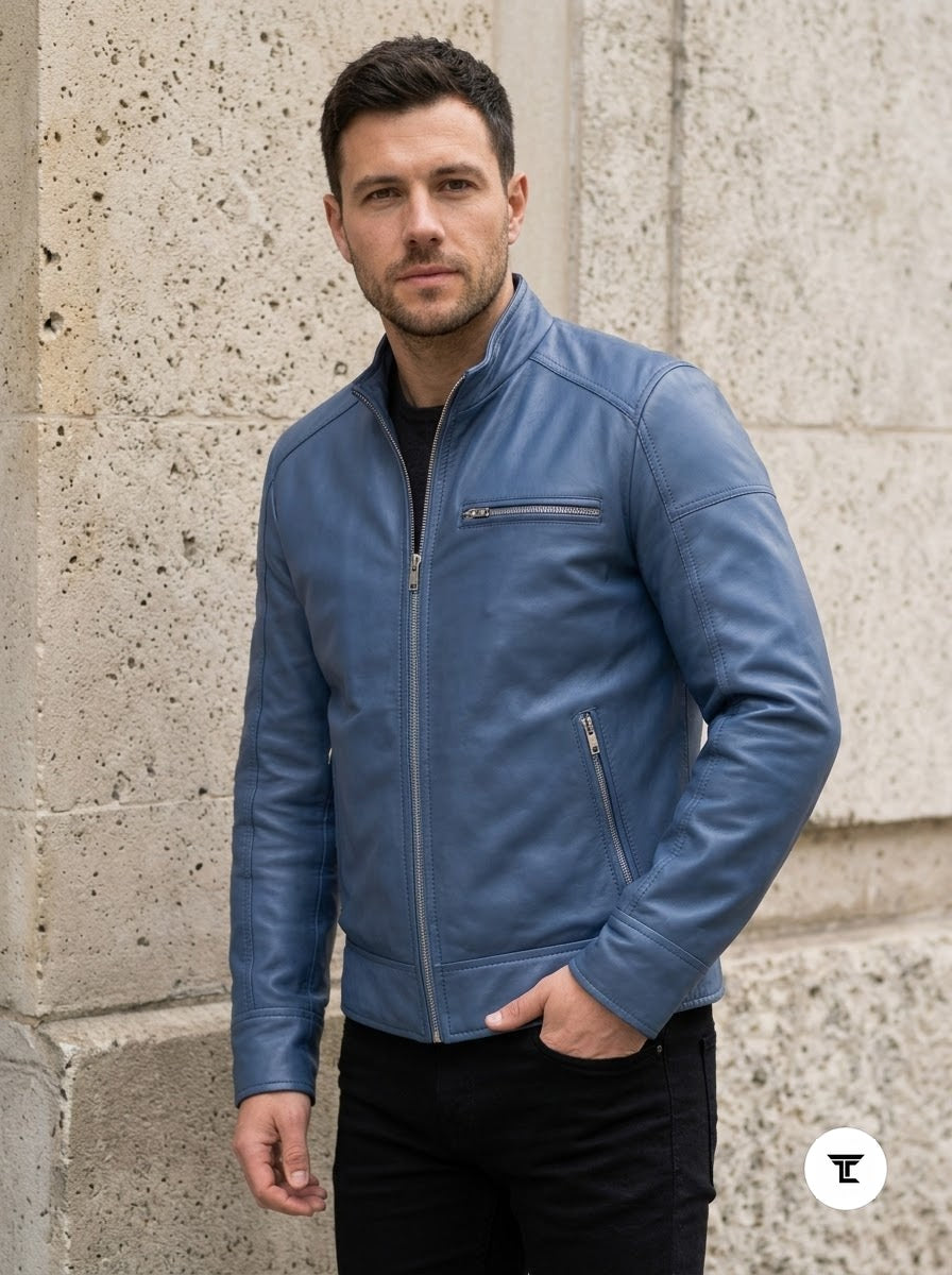 Taj Bespoke Air Force Slate Blue Lambskin Cafe Racer Leather Jacket - View 1000166673
