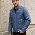 Taj Bespoke Air Force Slate Blue Lambskin Cafe Racer Leather Jacket - View 1000166673