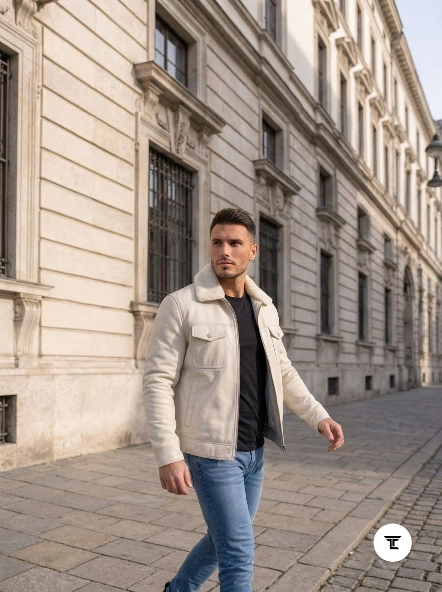 Taj Bespoke Aspen Off-White Sherpa Collar Leather Trucker Jacket