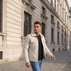 Taj Bespoke Aspen Off-White Sherpa Collar Leather Trucker Jacket