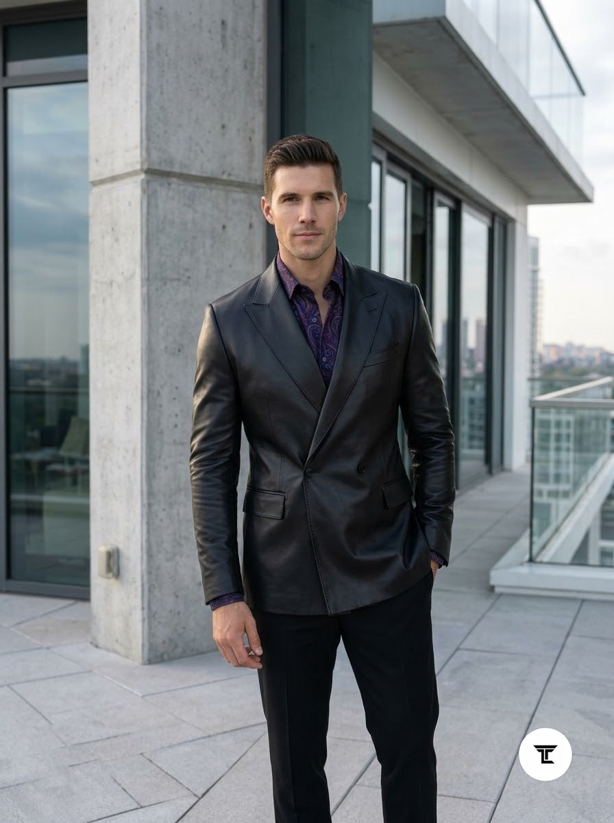Taj Bespoke Penthouse Black Leather Tuxedo Blazer