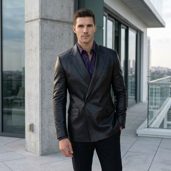 Taj Bespoke Penthouse Black Leather Tuxedo Blazer Close-up 1