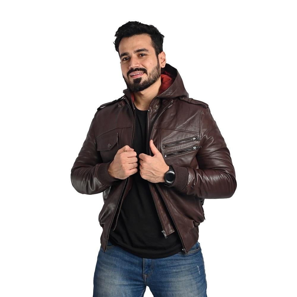 Men's Hooded Dark Brown Leather Jacket - Multi-Pocket Design with Left and Right Pockets