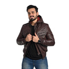Men's Hooded Dark Brown Leather Jacket - Multi-Pocket Design with Left and Right Pockets