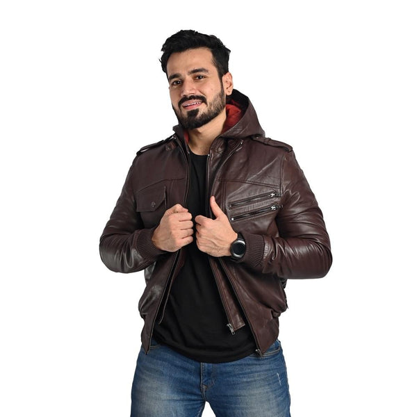 Men's Hooded Dark Brown Leather Jacket - Multi-Pocket Design with Left and Right Pockets