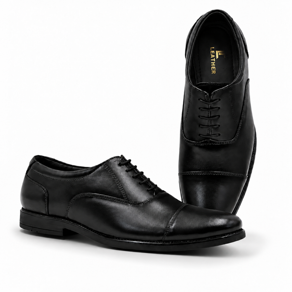 Police  Classic Black Cap-Toe Leather Oxford Shoes