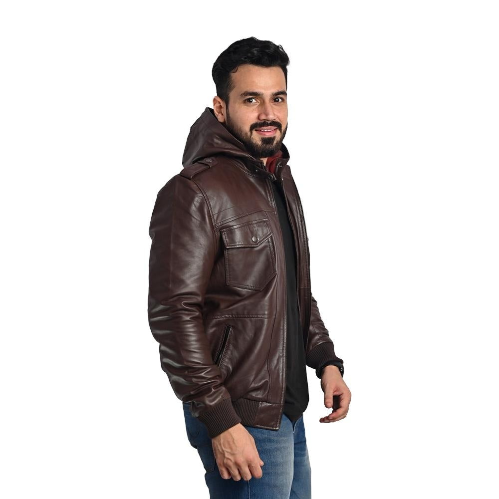 Men's Hooded Dark Brown Leather Jacket - Multi-Pocket Design with Left and Right Pockets