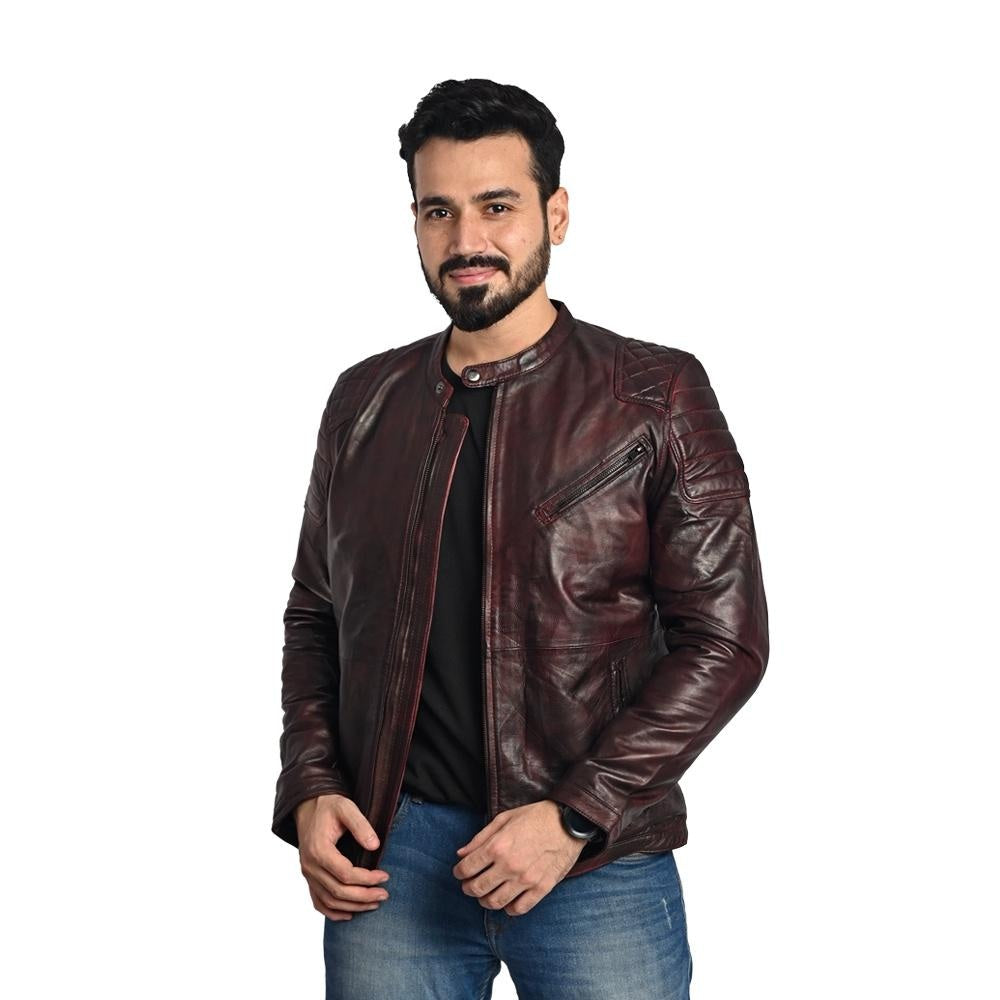 R - Brown Men's Solid Leather Jacket - Stylish and Durable