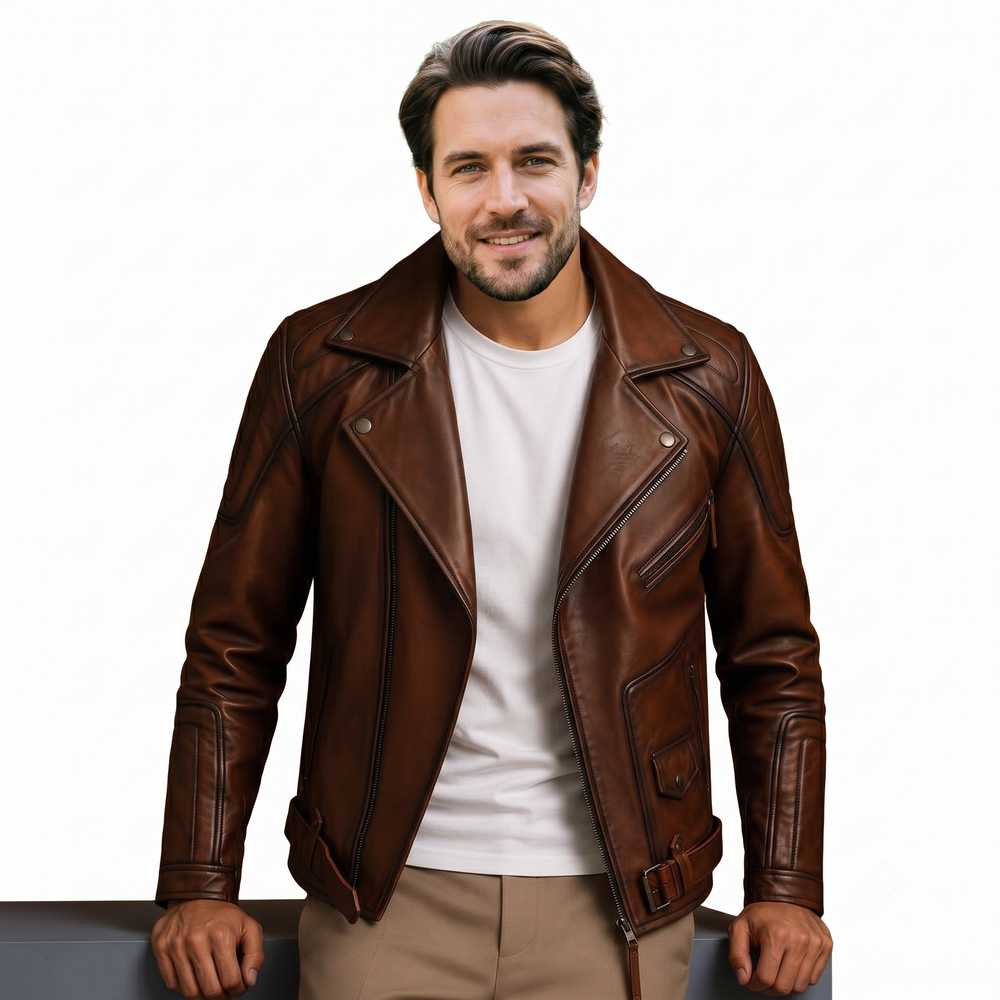 Cuban Leather Biker Jacket brown