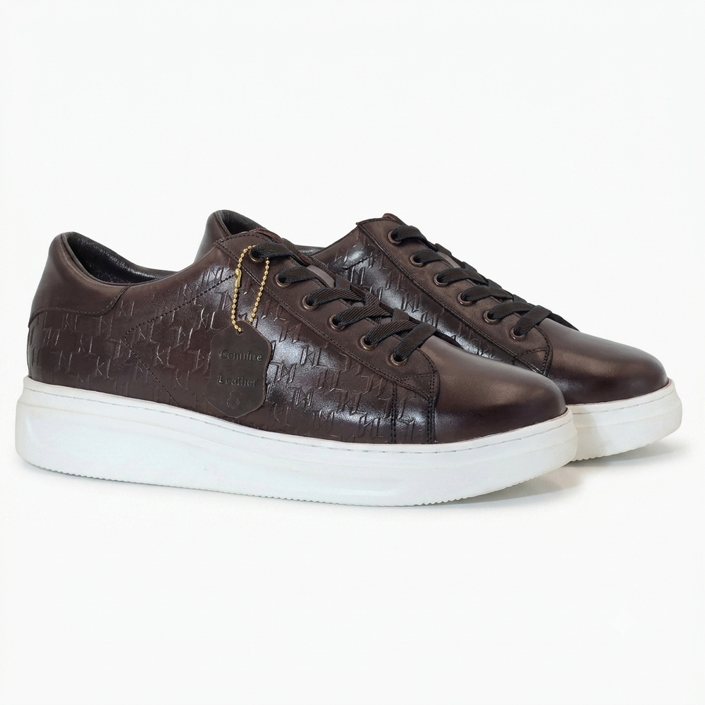 Men's Dark Brown Textured Low-Top Leather Sneakers