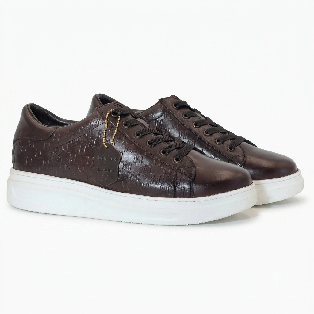 Men's Dark Brown Textured Low-Top Leather Sneakers