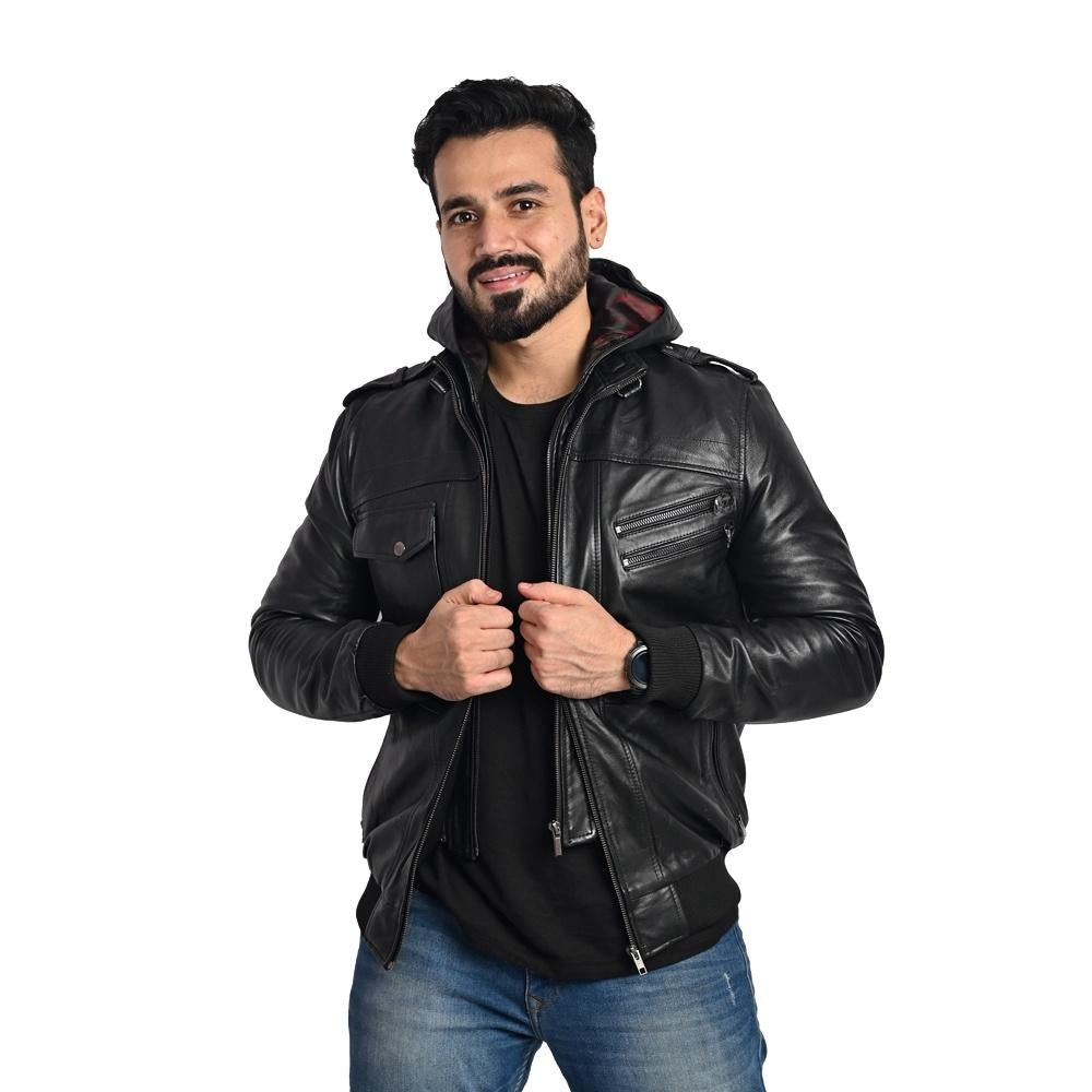 Men's Hooded Leather Jacket - Multi-Pocket Design with Left and Right Pockets