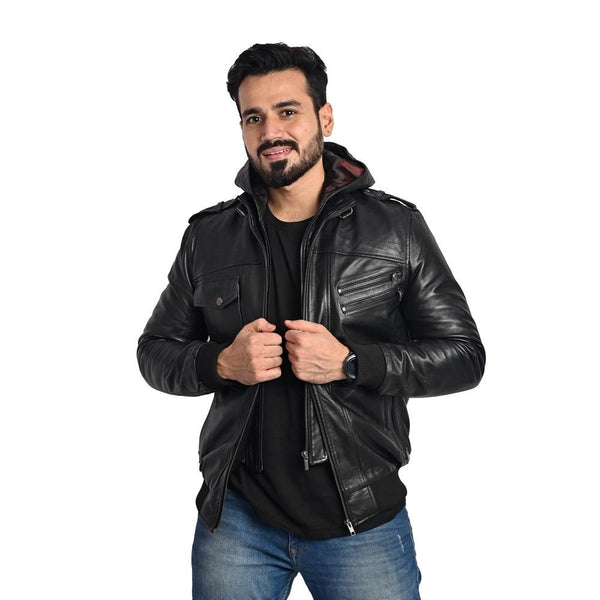 Men's Hooded Leather Jacket - Multi-Pocket Design with Left and Right Pockets