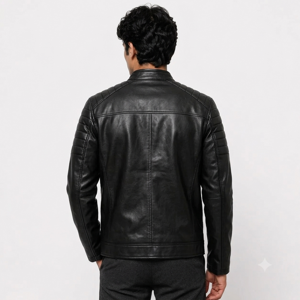 Men's Jet Black Quilted Shoulder Stand Collar Racer Leather Jacket