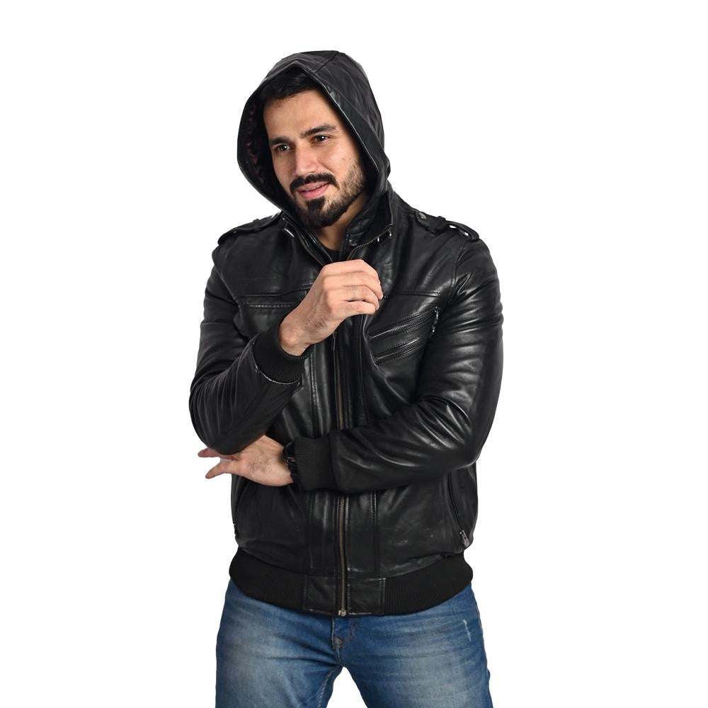 Men's Hooded Leather Jacket - Multi-Pocket Design with Left and Right Pockets