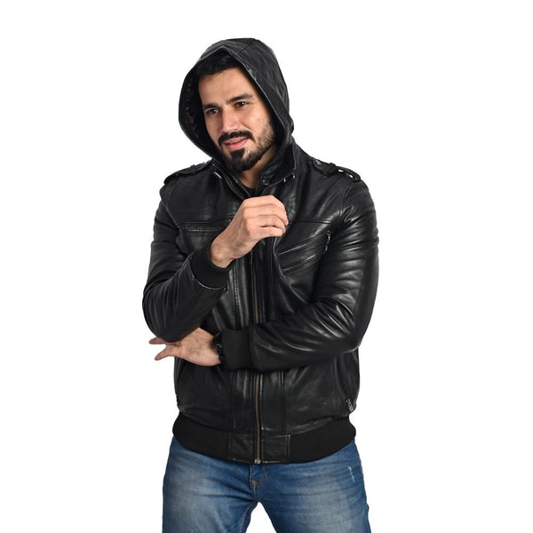 Men's Hooded Leather Jacket - Multi-Pocket Design with Left and Right Pockets