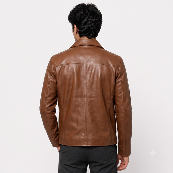 Caramel Brown Classic Shirt Collar Leather Jacket