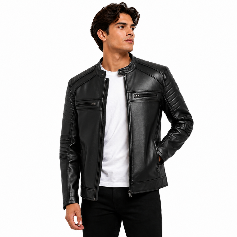 Stickers Design Leather Jacket - By Taj Leather Pure Black