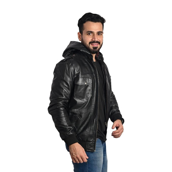 Men's Hooded Leather Jacket - Multi-Pocket Design with Left and Right Pockets