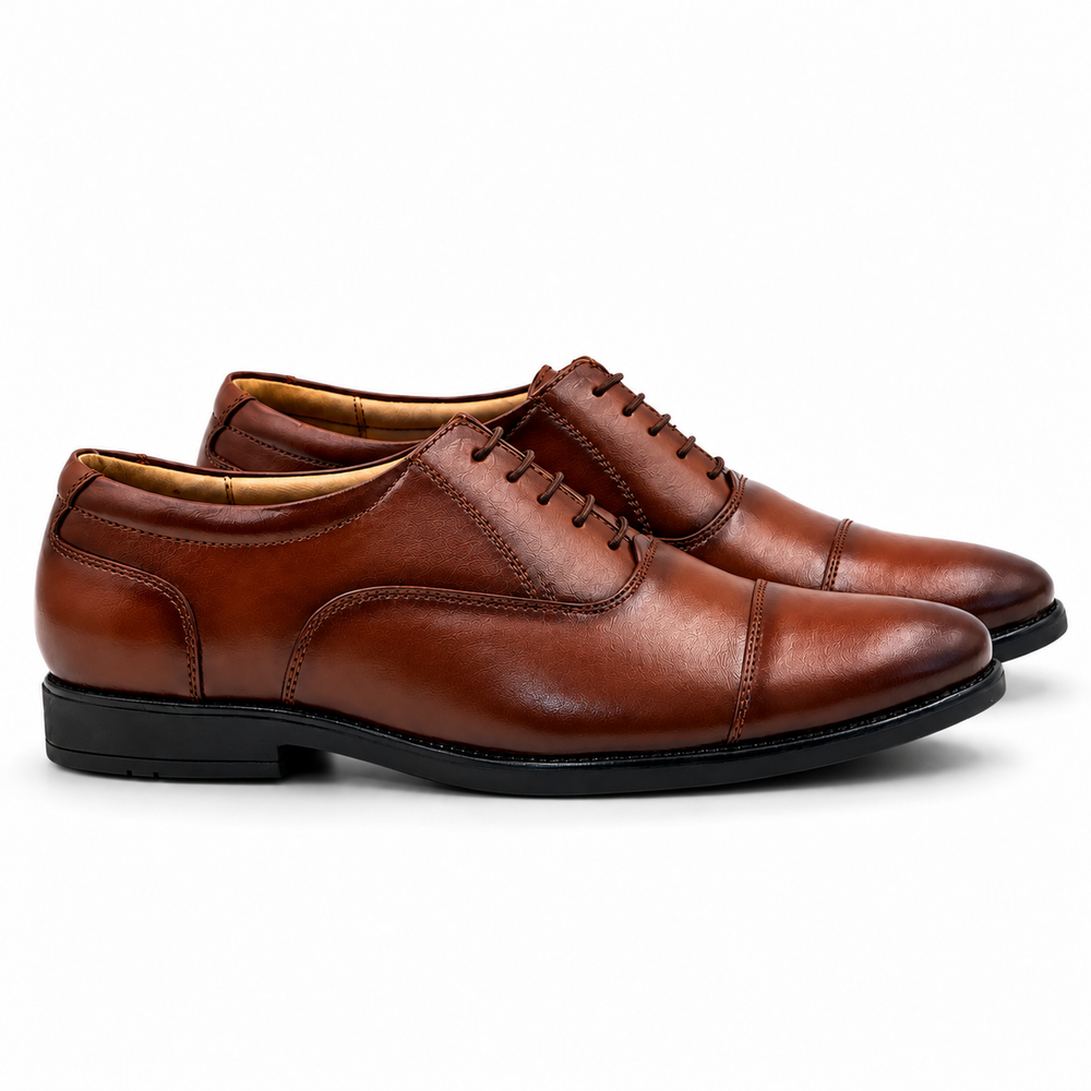 Police  Cognac Brown Cap-Toe Leather Oxford Shoes