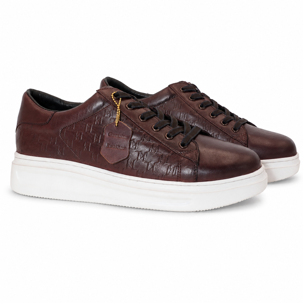 Cherry Brown Textured Low-Top Leather Sneakers
