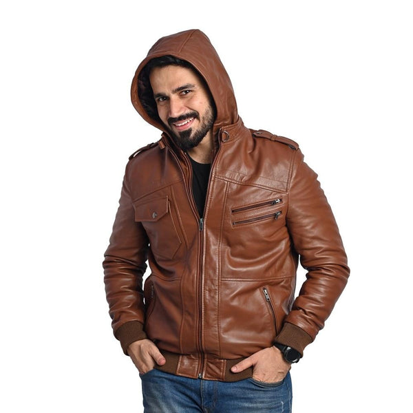 Men's Hooded Leather Jacket - Multi-Pocket Design with Left and Right Pockets