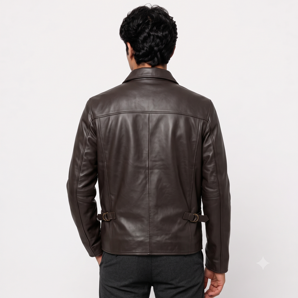 Classic Dark Brown Cargo Pocket Shirt Collar Leather Jacket