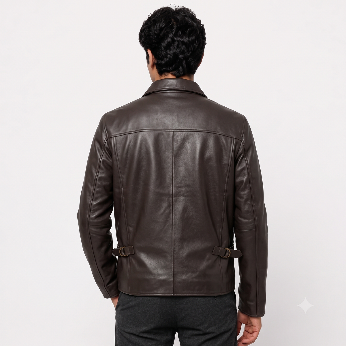 Classic Dark Brown Cargo Pocket Shirt Collar Leather Jacket