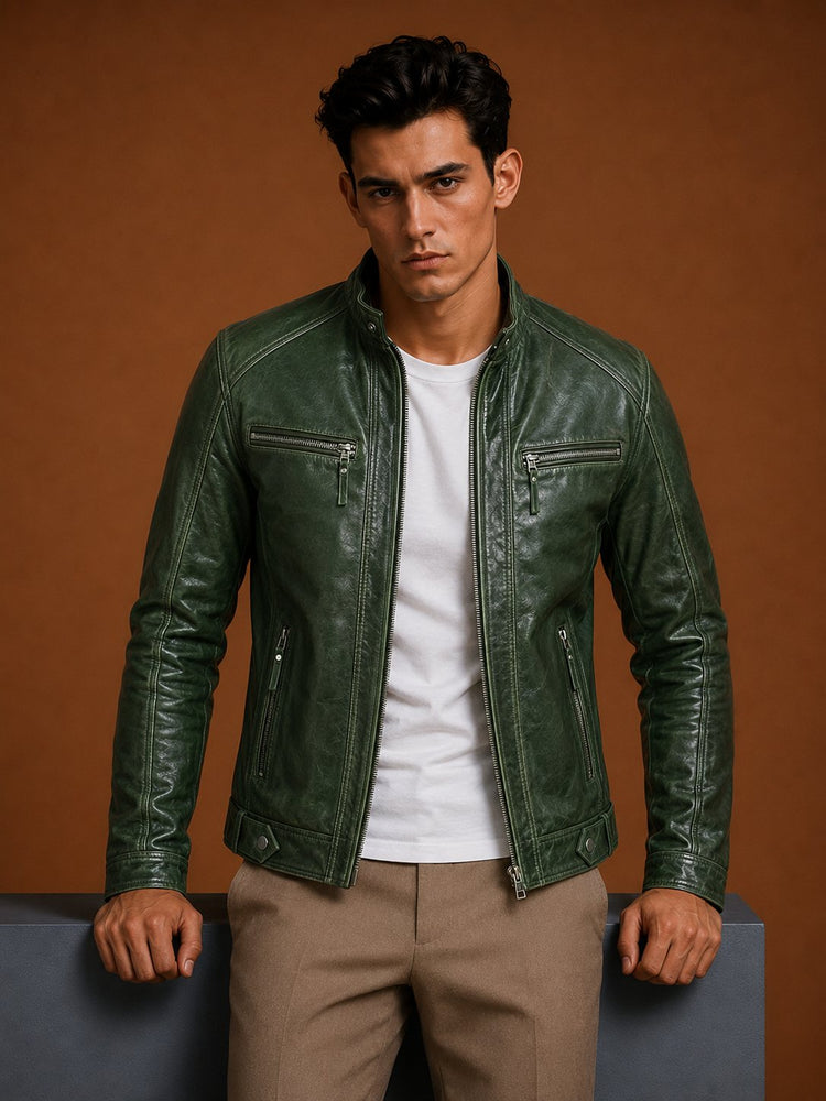 Taj Signature Bumper Green Leather Jacket