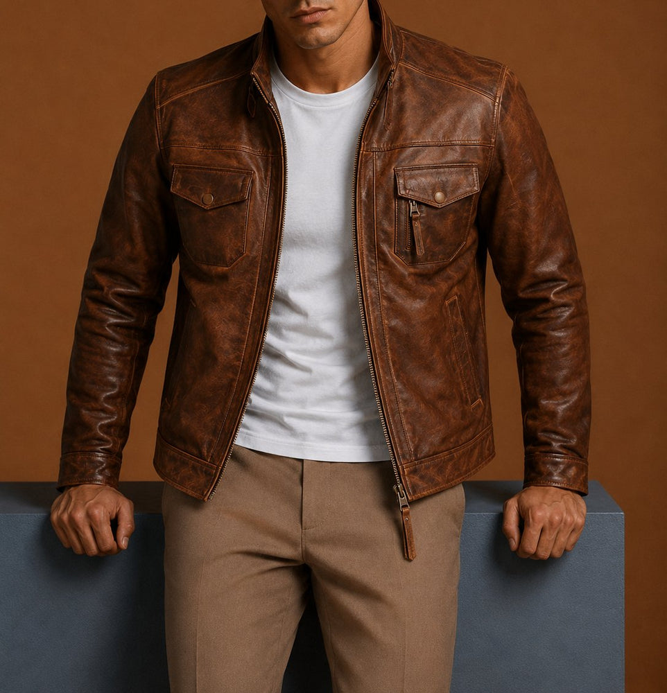 Taj Signature Edinburgh Tan Brown Leather jacket Biker