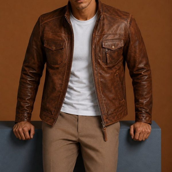 Taj Signature Edinburgh Tan Brown Leather jacket Biker