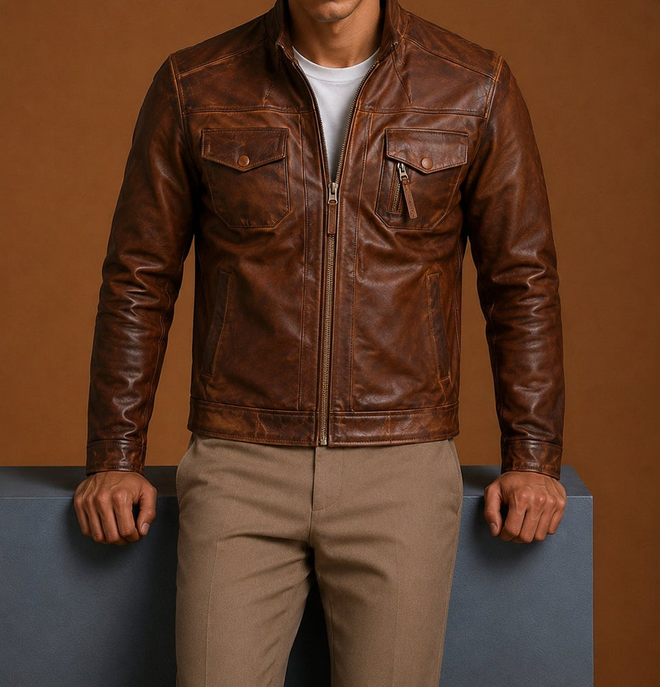 Taj Signature Edinburgh Tan Brown Leather jacket Biker