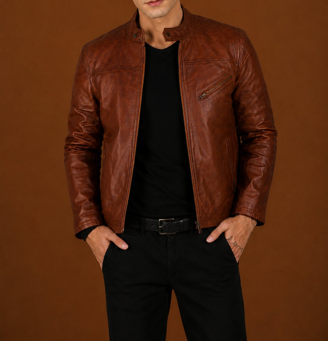 Taj Signature Parja Brown Leather Jacket Biker