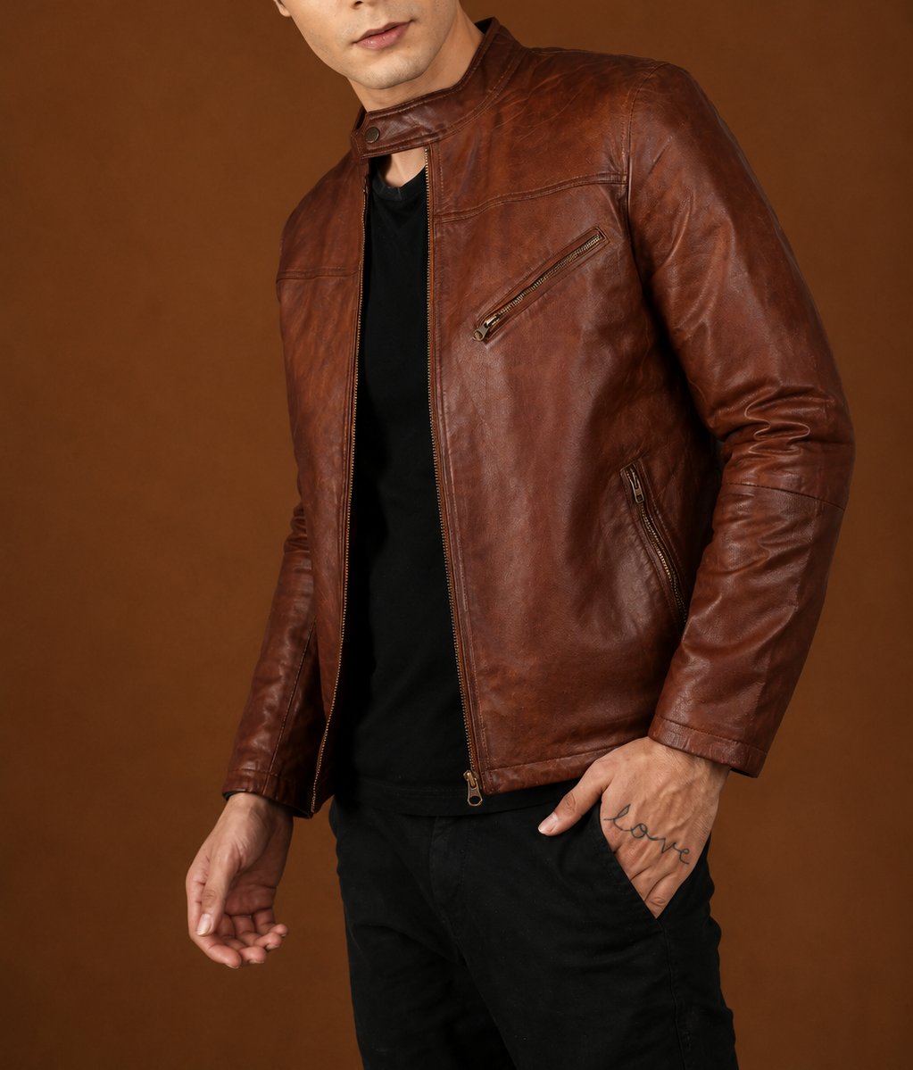 Taj Signature Parja Brown Leather Jacket Biker