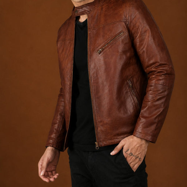 Taj Signature Parja Brown Leather Jacket Biker