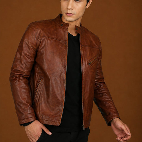 Taj Signature Parja Brown Leather Jacket Biker