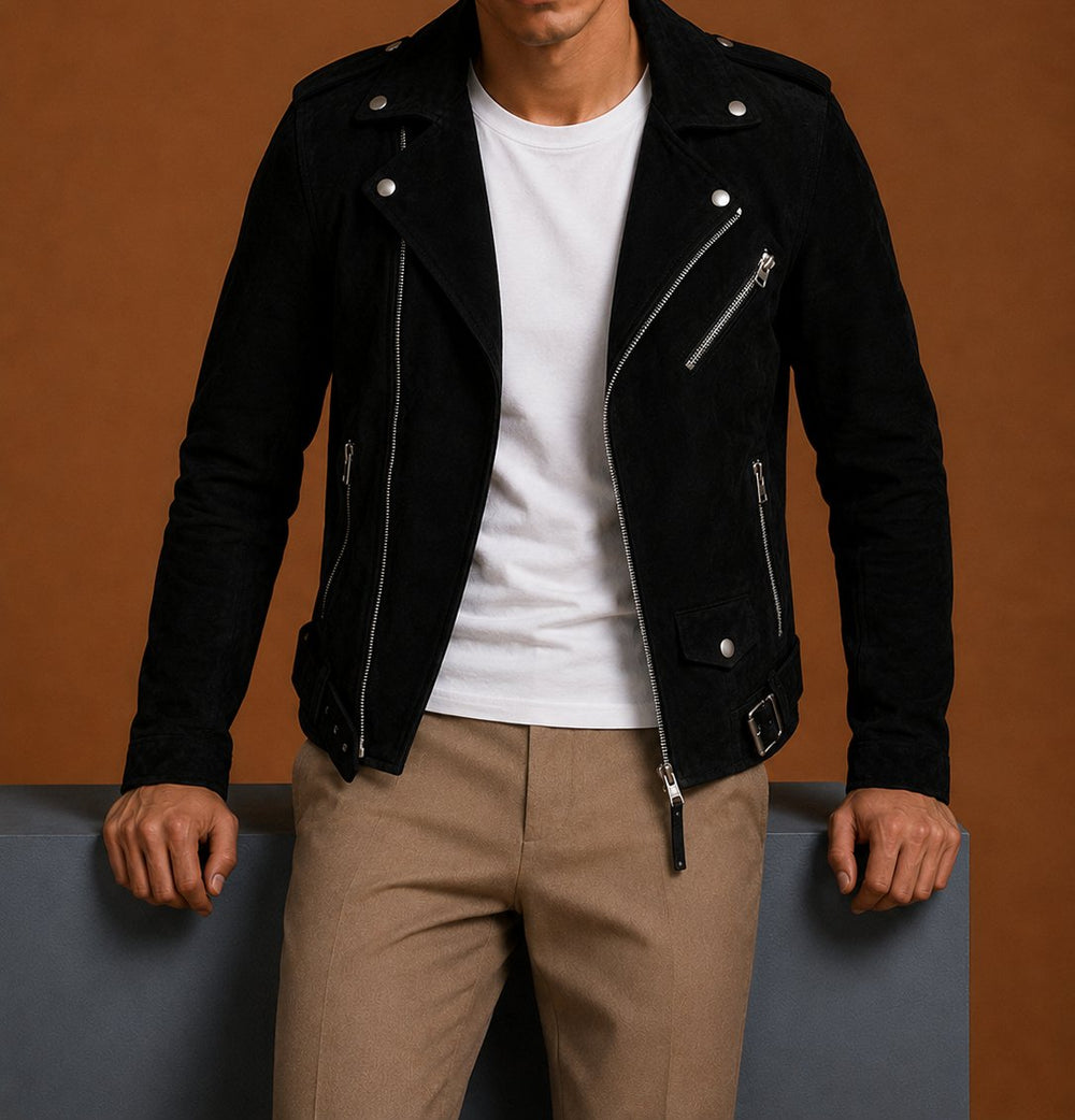 Taj Signature Renot Black Suede Leather Jacket Biker