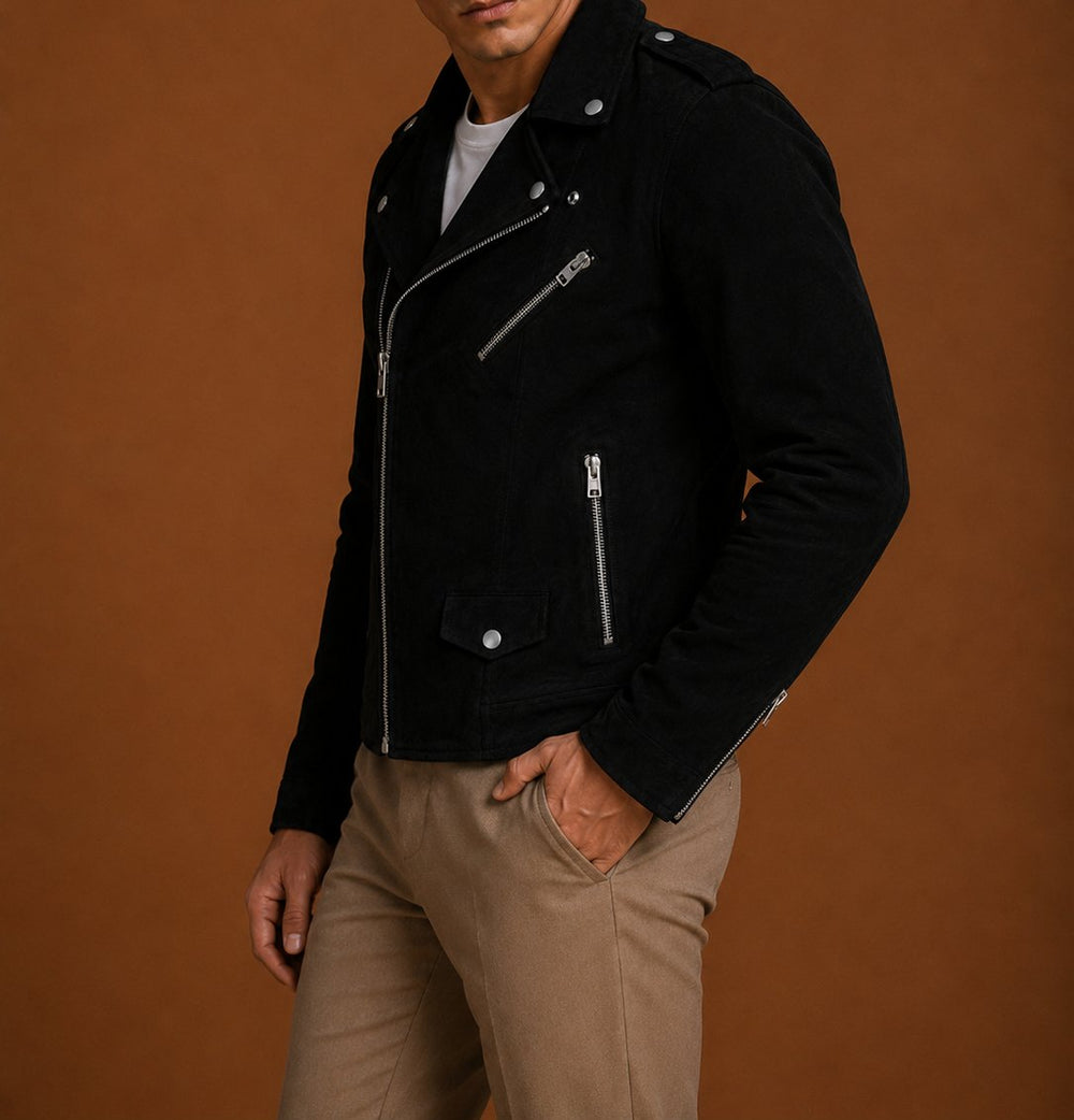 Taj Signature Renot Black Suede Leather Jacket Biker