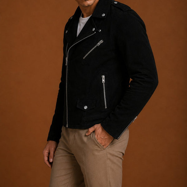 Taj Signature Renot Black Suede Leather Jacket Biker