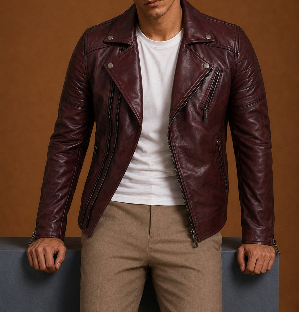 Taj Signature Sadens cherry Leather Biker Jacket Leather Jacket
