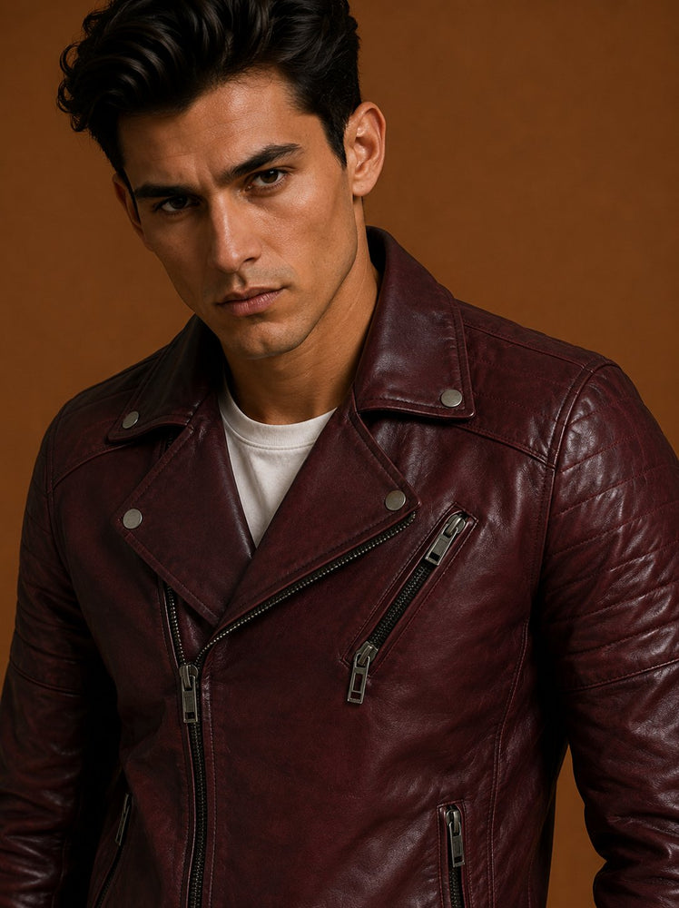 Taj Signature Sadens cherry Leather Biker Jacket Leather Jacket