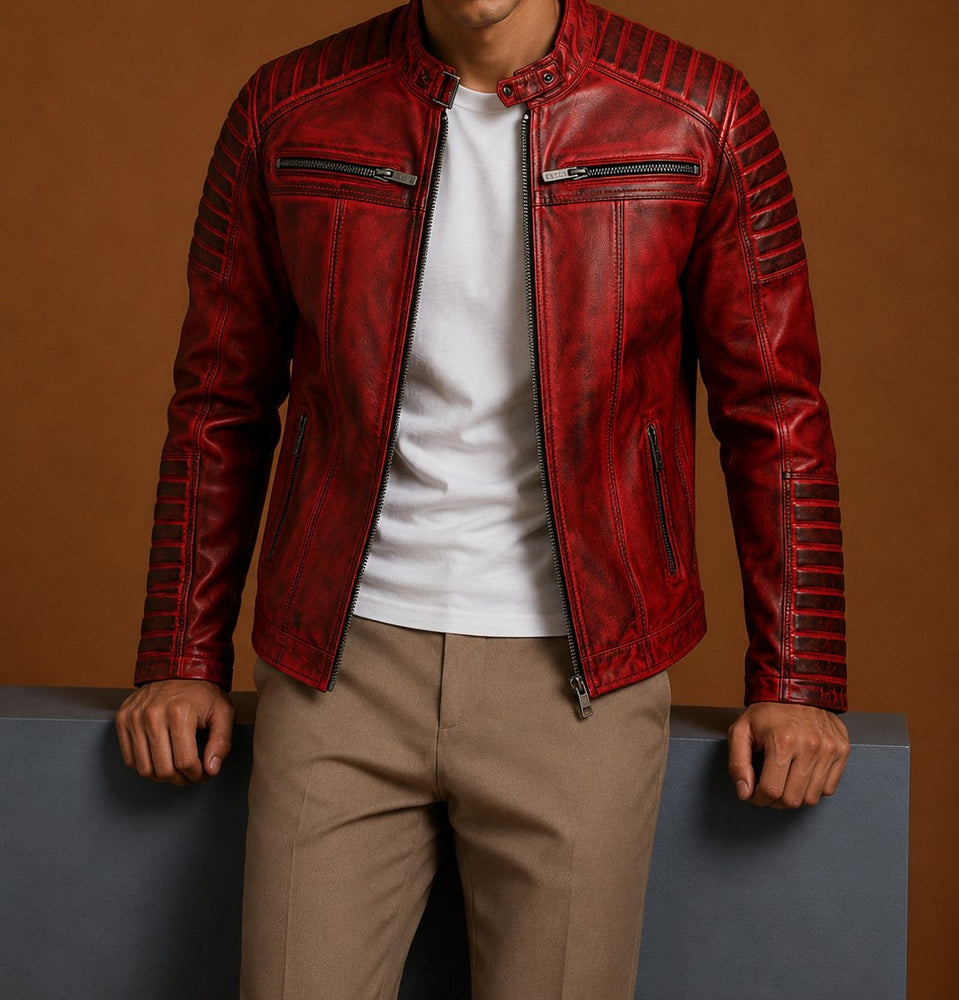 Taj Signature Tingle Red Leather Jacket Biker
