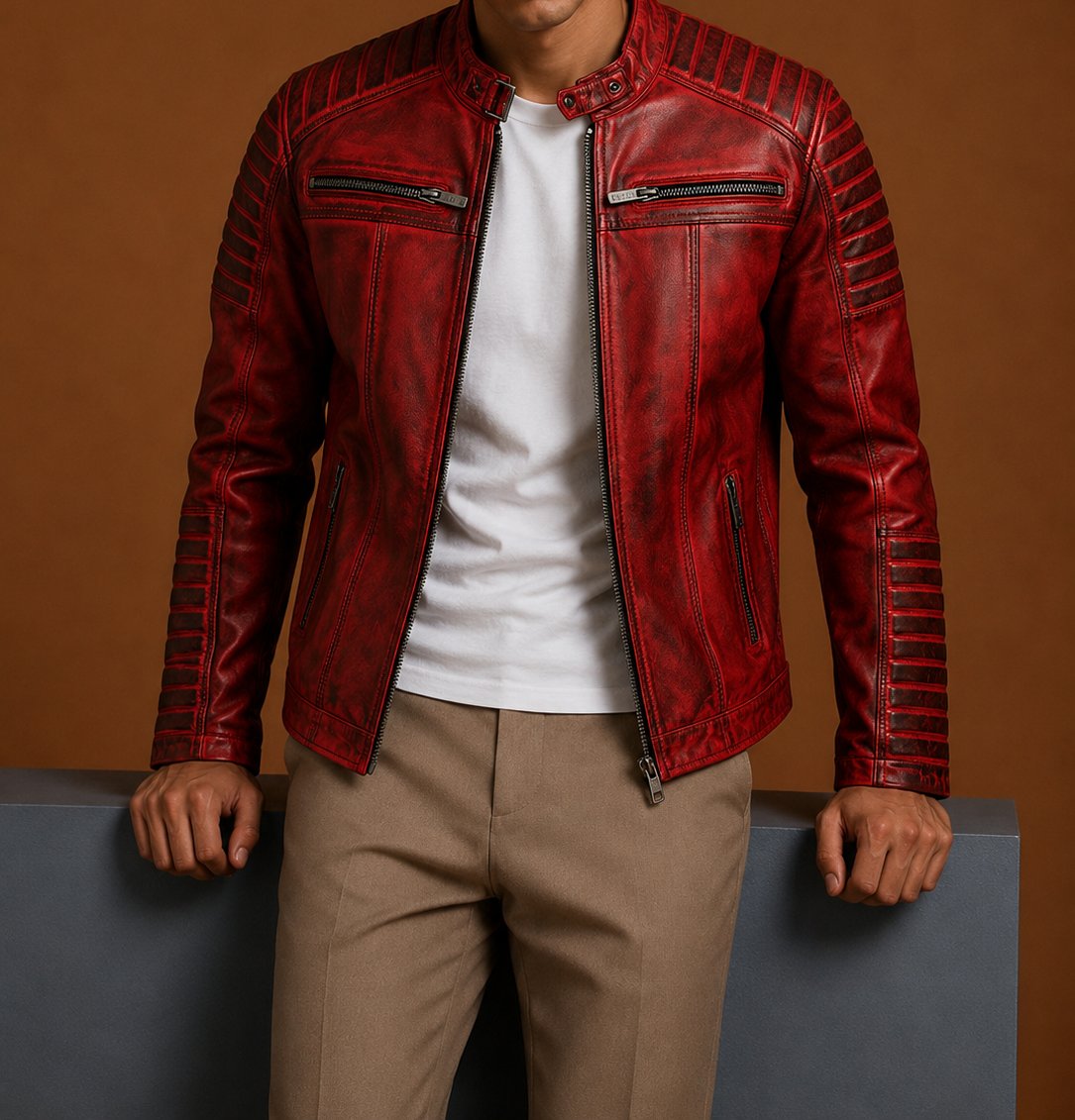 Taj Signature Tingle Red Leather Jacket Biker
