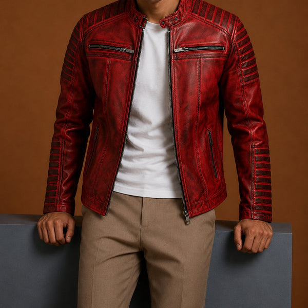 Taj Signature Tingle Red Leather Jacket Biker