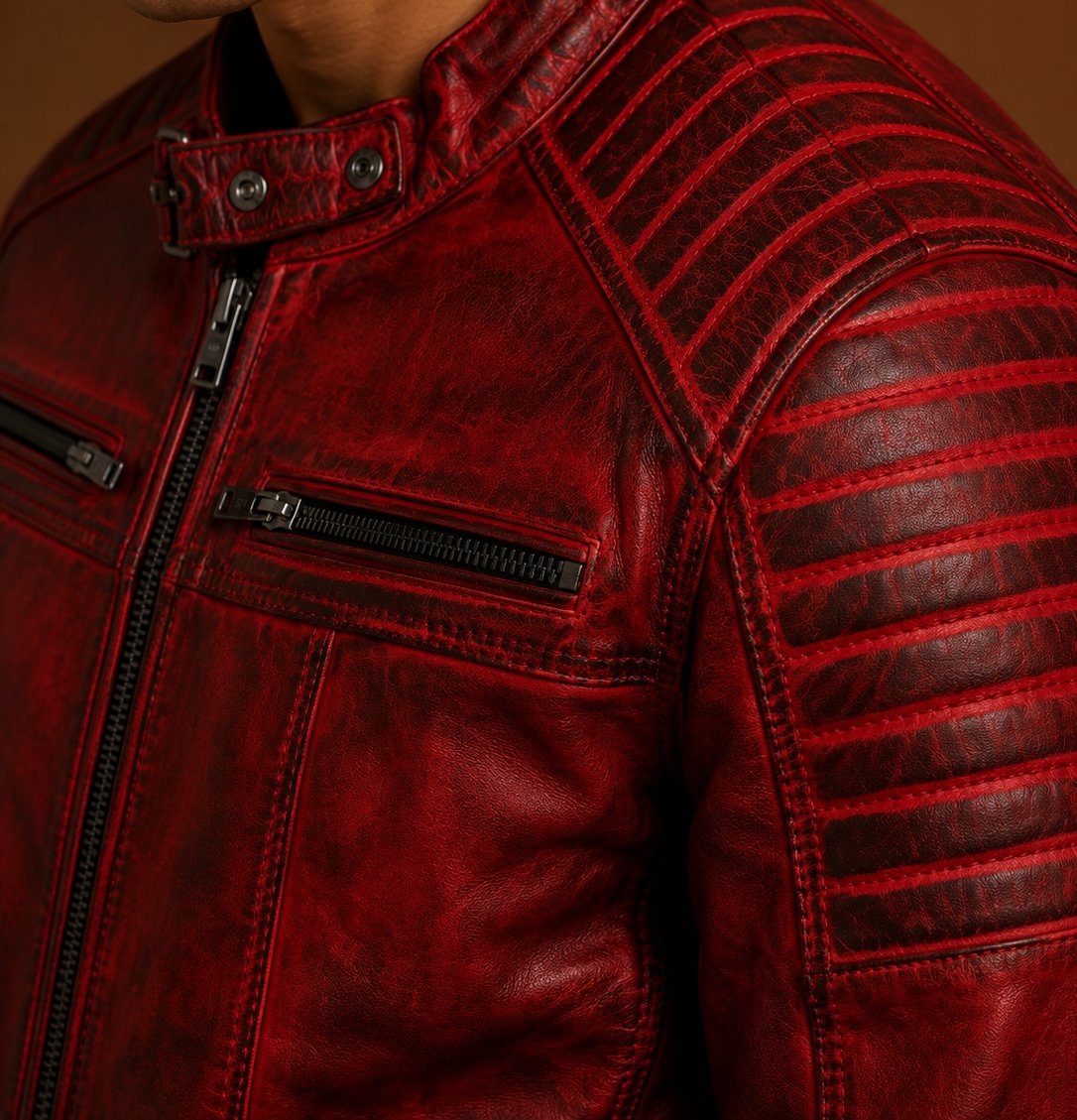 Taj Signature Tingle Red Leather Jacket Biker