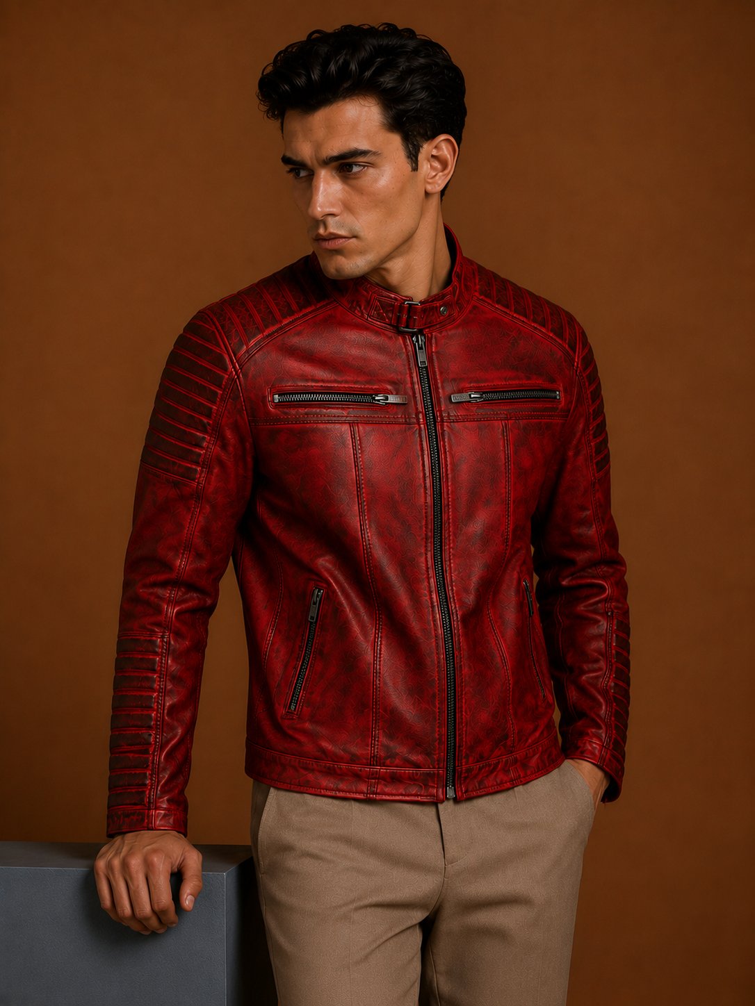 Taj Signature Tingle Red Leather Jacket Biker