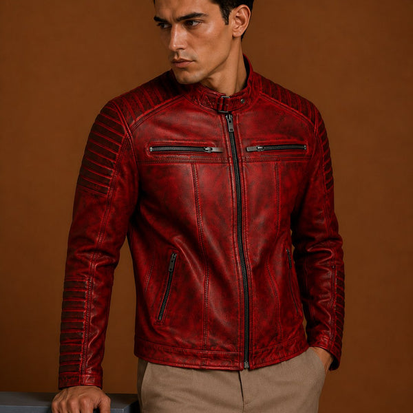 Taj Signature Tingle Red Leather Jacket Biker