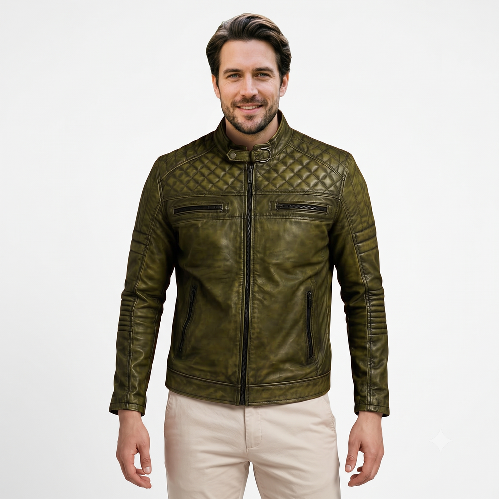 Quilted Leather Biker Jacket GREEN